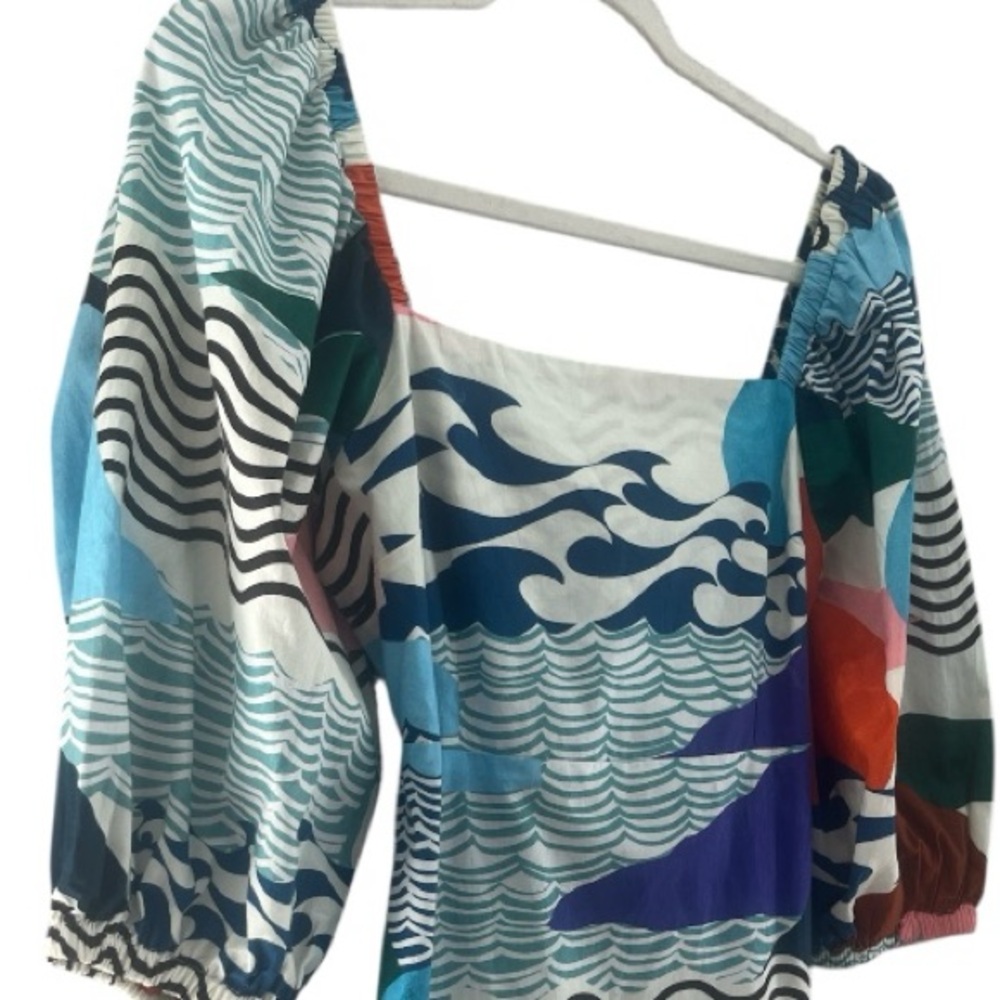 Oliphant Dress Puffed Sleeve Cutout Bow Cotton Abstract Mini Size Small - Picture 3 of 12